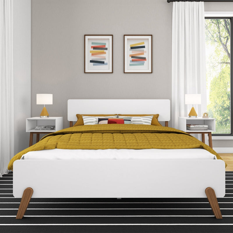 Max and Lily Mid-Century Modern Queen Size Bed in White/Pecan - front-facing room scene with mustard bedding, two nightstands with lamps and framed artwork