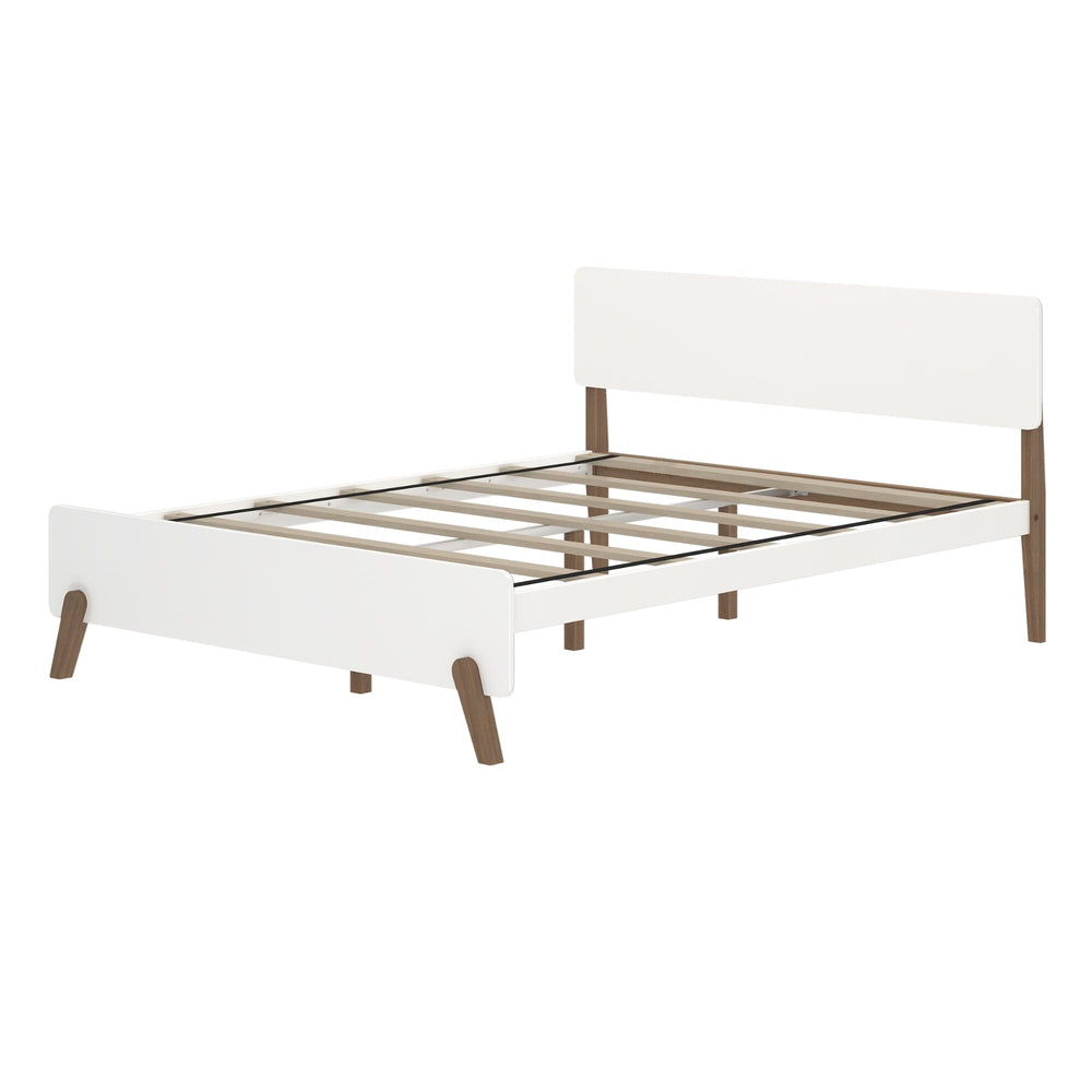 Max and Lily Mid-Century Modern Queen Size Bed in White/Walnut - angled product view showing the rounded headboard, footboard and wood slat base