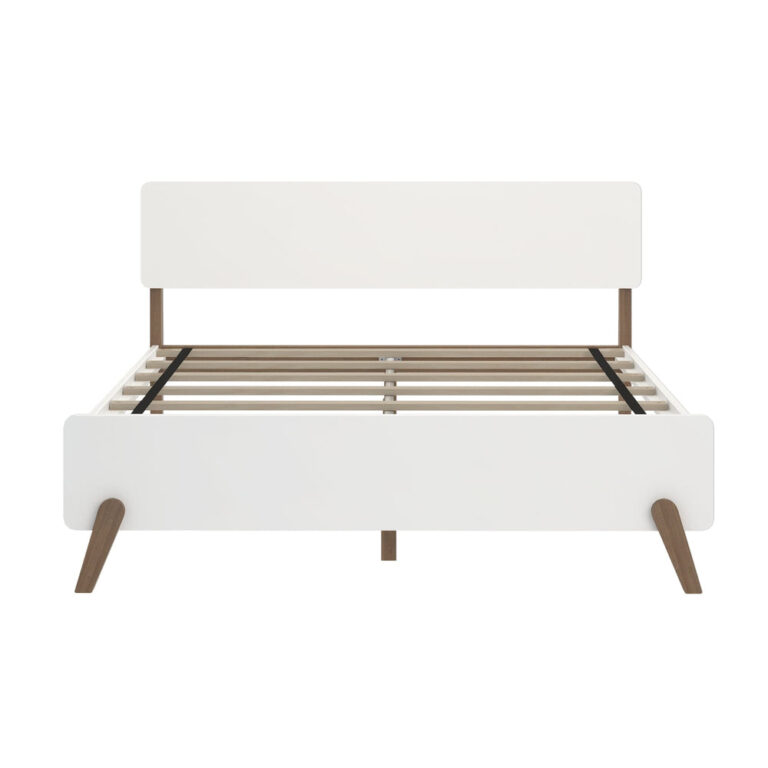 Max and Lily Mid-Century Modern Queen Size Bed in White/Walnut - front product view showing the rounded headboard and wood slat support base