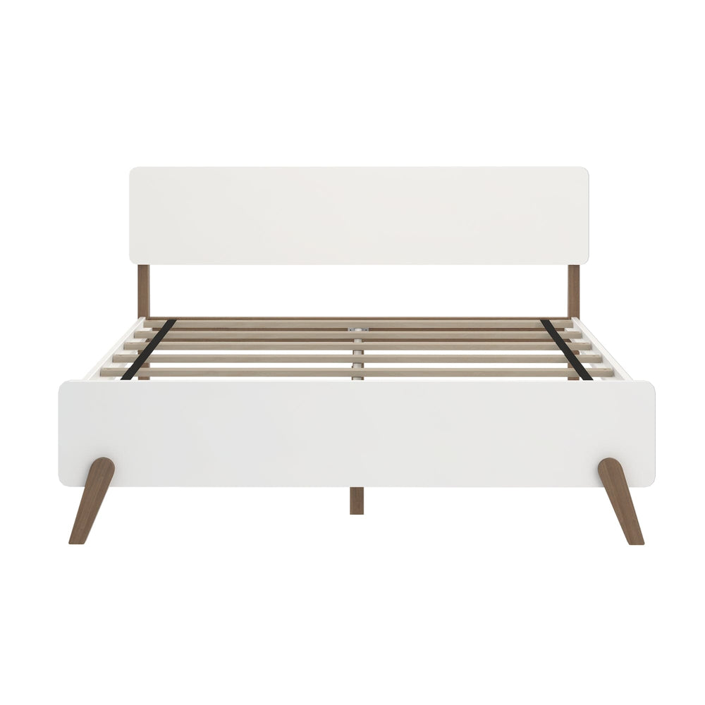 Max and Lily Mid-Century Modern Queen Size Bed in White/Walnut - front product view showing the rounded headboard and wood slat support base