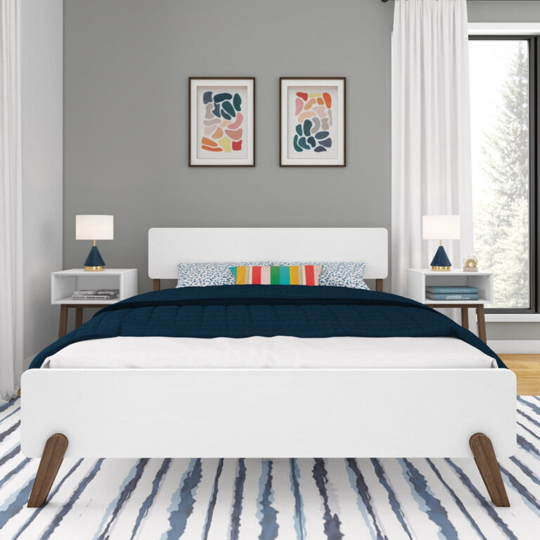 Max and Lily Mid-Century Modern Queen Size Bed in White/Walnut - front view styled in a bedroom with matching nightstands and framed wall art
