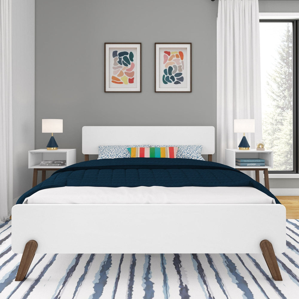 Max and Lily Mid-Century Modern Queen Size Bed in White/Walnut - front view styled in a bedroom with matching nightstands and framed wall art