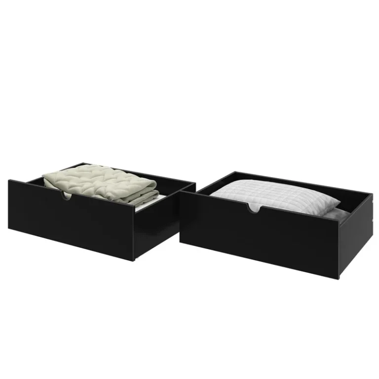 Max And Lily Mid Century Modern Storage Drawers Black Filled With Bedding Max and Lily Mid-Century Modern Storage Drawers in Black - two storage drawers filled with folded blankets and a pillow.