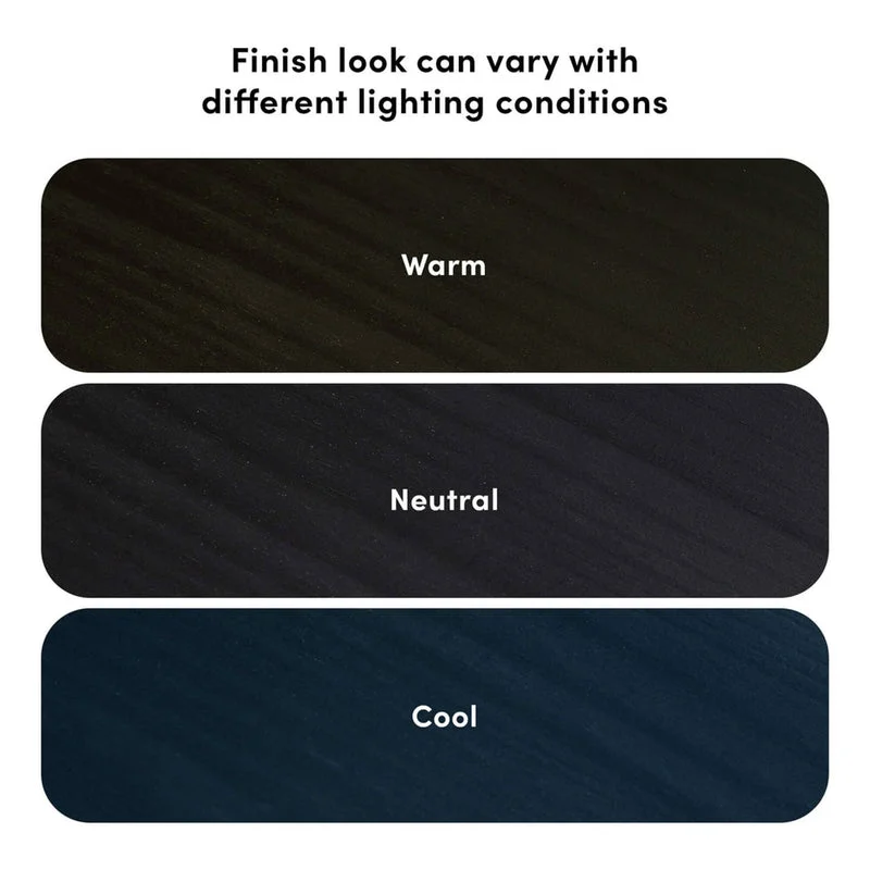 Max and Lily Mid-Century Modern Storage Drawers in Black - diagram showing how the finish looks warm, neutral, and cool under different lighting.