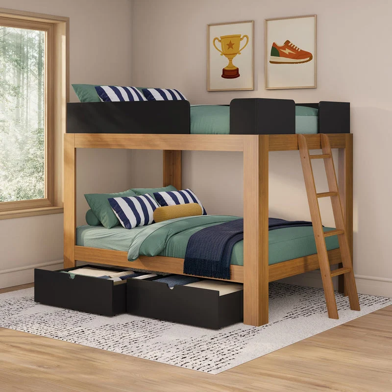 Max and Lily Mid-Century Modern Storage Drawers in Black - drawers shown under a bunk bed in a styled kids bedroom.