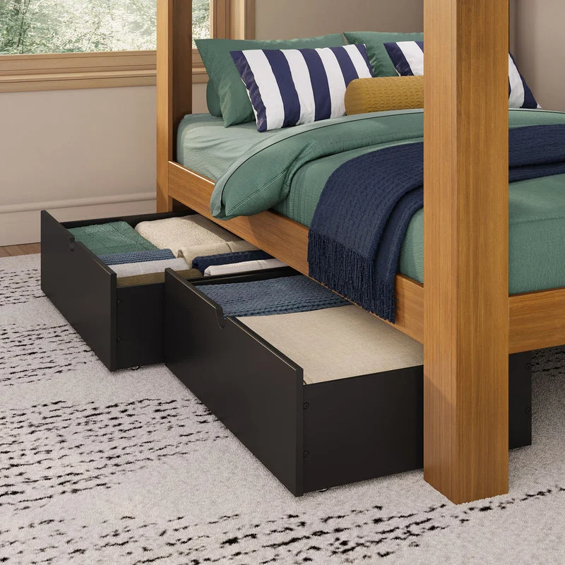 Max and Lily Mid-Century Modern Storage Drawers in Black - drawers pulled out beneath a wood bed and filled with folded linens in a bedroom.