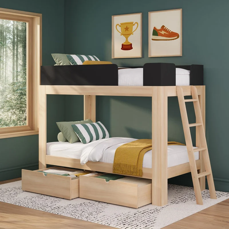 Max and Lily Mid-Century Modern Storage Drawers in Blonde - two rolling drawers tucked under a bunk bed in a green kids' bedroom