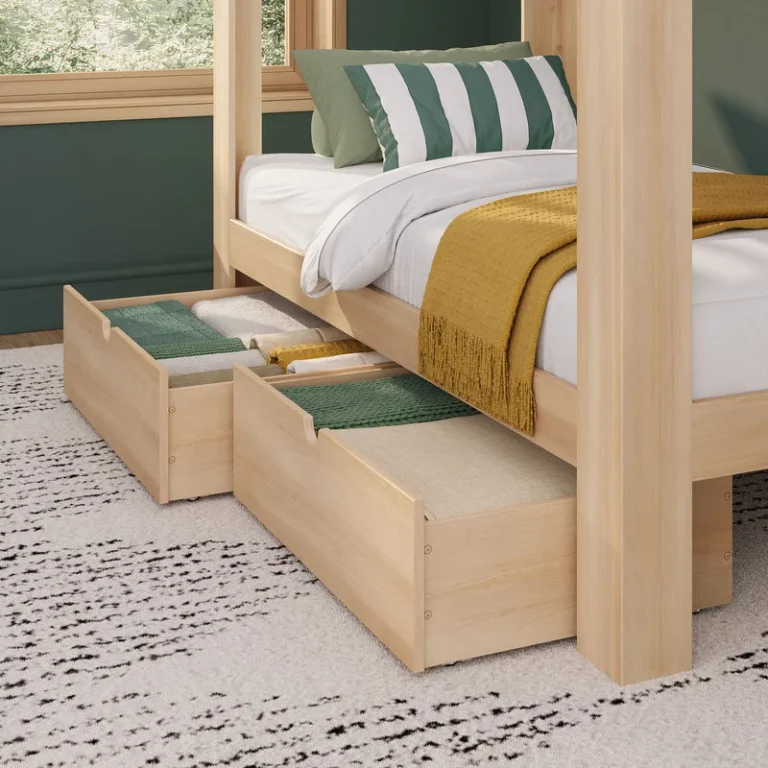 Max And Lily Mid Century Modern Storage Drawers Blonde Storage Drawers Open Max and Lily Mid-Century Modern Storage Drawers in Blonde - two drawers pulled out beneath a bed, filled with folded blankets in a green bedroom