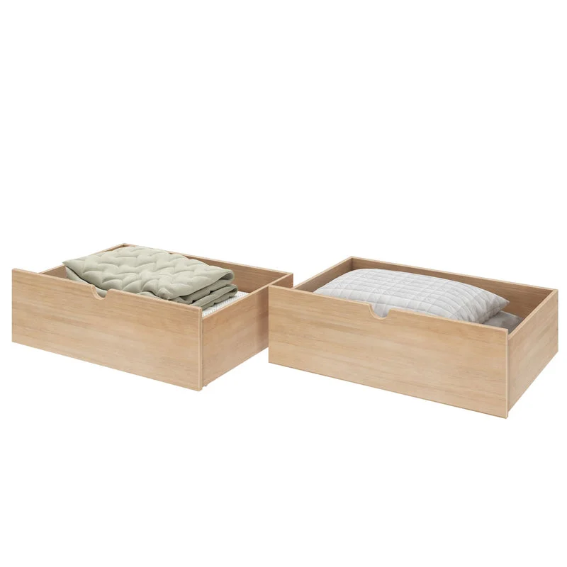 Max and Lily Mid-Century Modern Storage Drawers - two wooden under-bed drawers, one holding a folded blanket and the other a pillow