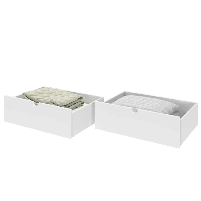 Max And Lily Mid Century Modern Storage Drawers White Drawers With Bedding Max and Lily Mid-Century Modern Storage Drawers in White - two drawers filled with a folded blanket and pillows.