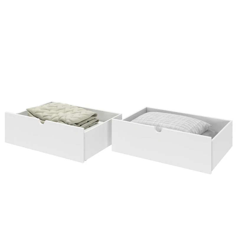 Max and Lily Mid-Century Modern Storage Drawers in White - two drawers filled with a folded blanket and pillows.