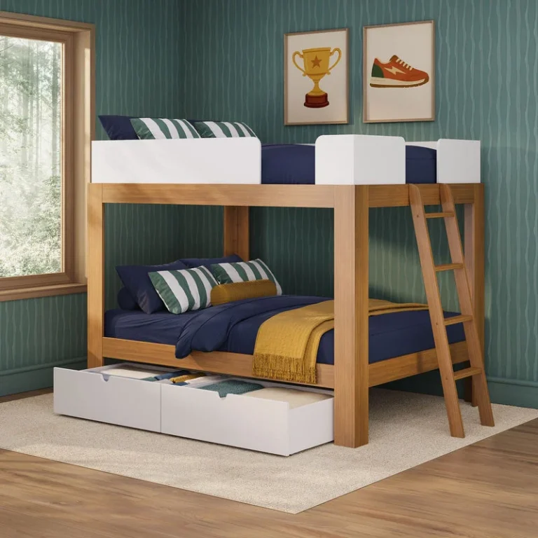 Max And Lily Mid Century Modern Storage Drawers White Room Scene Max and Lily Mid-Century Modern Storage Drawers in White - drawers tucked under a wood bunk bed in a kids bedroom with navy bedding and a ladder.
