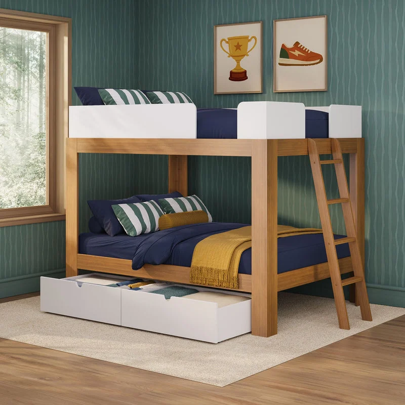 Max and Lily Mid-Century Modern Storage Drawers in White - drawers tucked under a wood bunk bed in a kids bedroom with navy bedding and a ladder.
