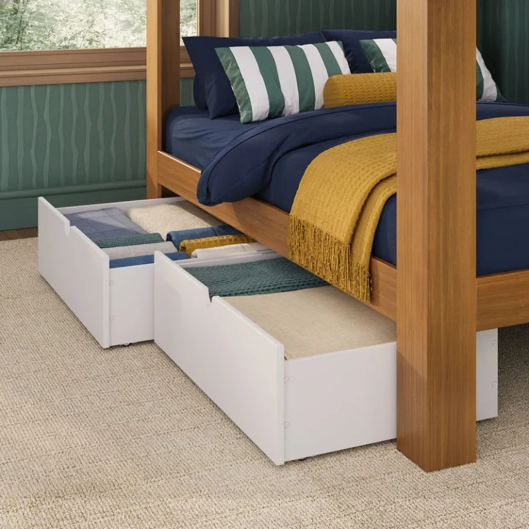 Max And Lily Mid Century Modern Storage Drawers White Under Bed Storage Max and Lily Mid-Century Modern Storage Drawers in White - drawers pulled out beneath a wood bunk bed and filled with folded linens.