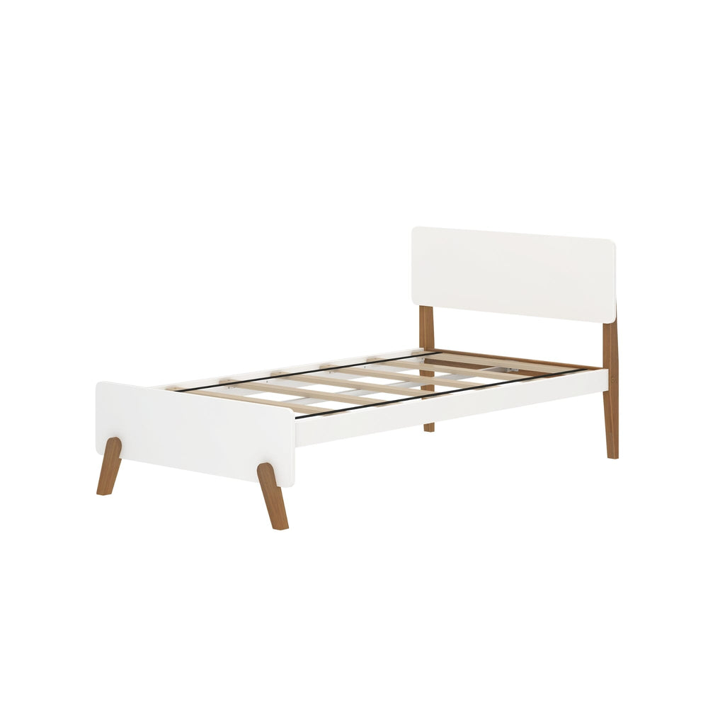 Max and Lily Mid-Century Modern Twin Bed in White/Pecan - angled view of the bare bed frame showing the wooden slat roll and low footboard