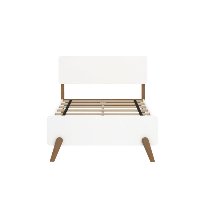Max and Lily Mid-Century Modern Twin Bed in White/Pecan - straight-on front view of the bare frame showing the slat support system and angled wood legs