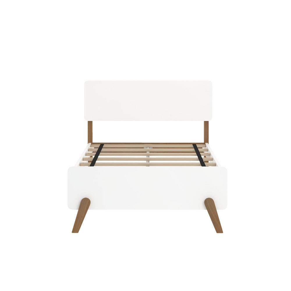 Max and Lily Mid-Century Modern Twin Bed in White/Pecan - straight-on front view of the bare frame showing the slat support system and angled wood legs