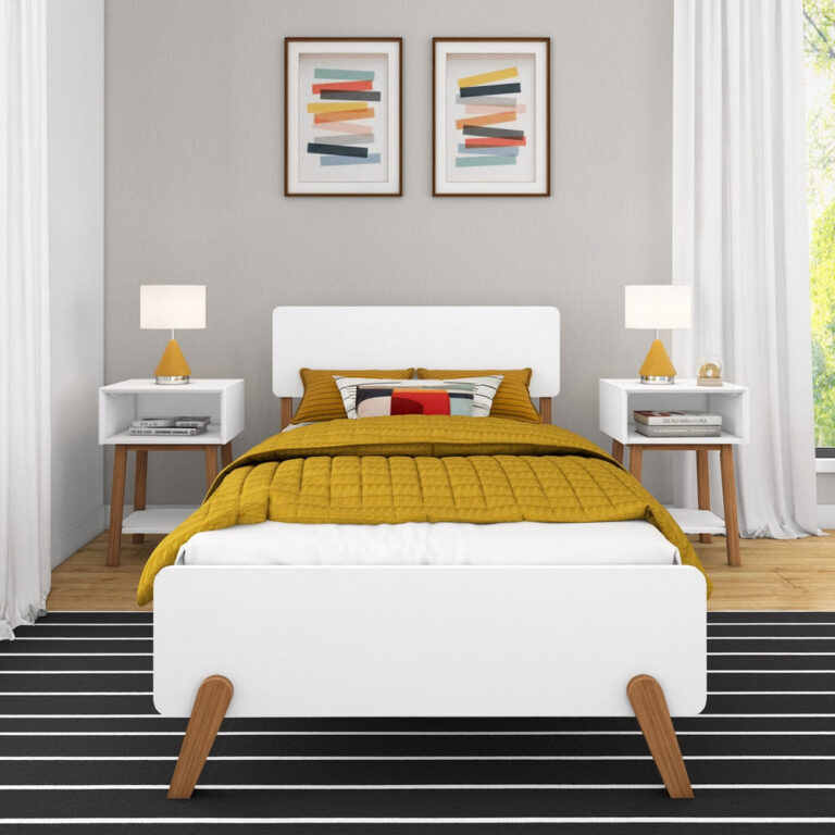 Max and Lily Mid-Century Modern Twin Bed in White/Pecan - front view in a bedroom between two matching nightstands, showing the rounded headboard and splayed pecan legs