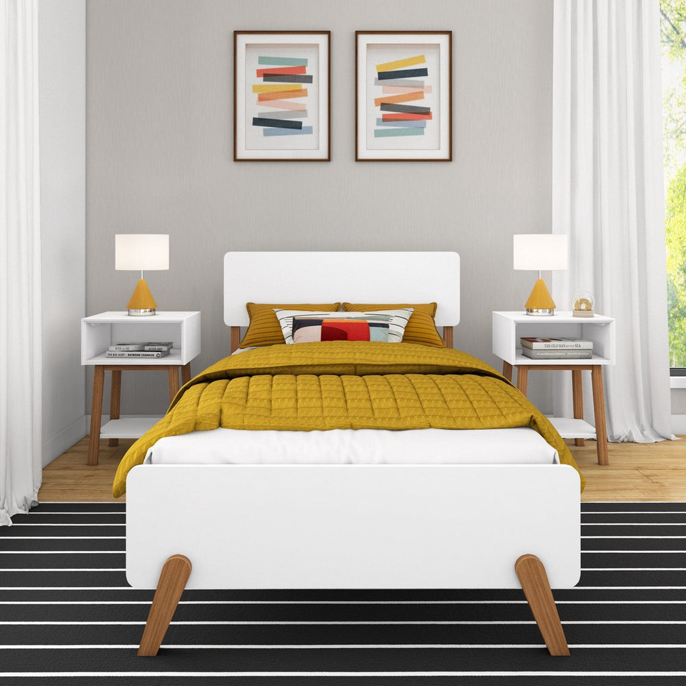 Max and Lily Mid-Century Modern Twin Bed in White/Pecan - front view in a bedroom between two matching nightstands, showing the rounded headboard and splayed pecan legs