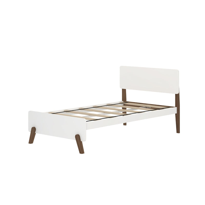 Max and Lily Mid-Century Modern Twin Bed in White/Walnut - angle view of the bare frame showing the low headboard, wood slat support system and splayed mid-century legs