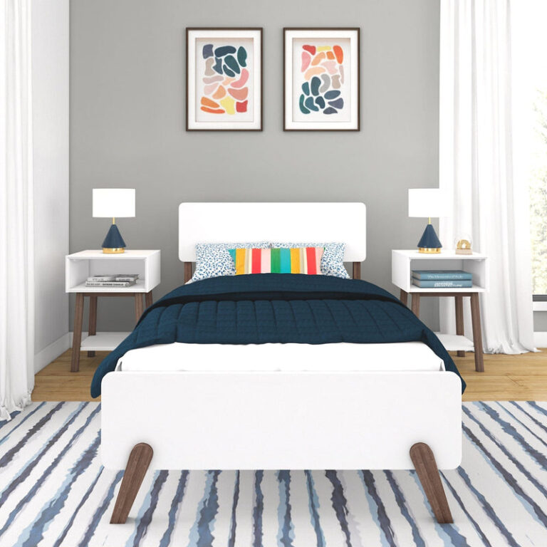 Max and Lily Mid-Century Modern Twin Bed in White/Walnut - front view in a bedroom setting flanked by matching nightstands with lamps and framed wall art