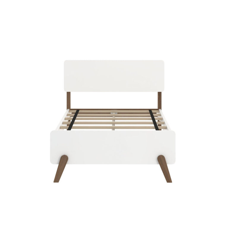 Max and Lily Mid-Century Modern Twin Bed in White/Walnut - front view of the frame showing the panel headboard, footboard, slat supports and angled wooden legs