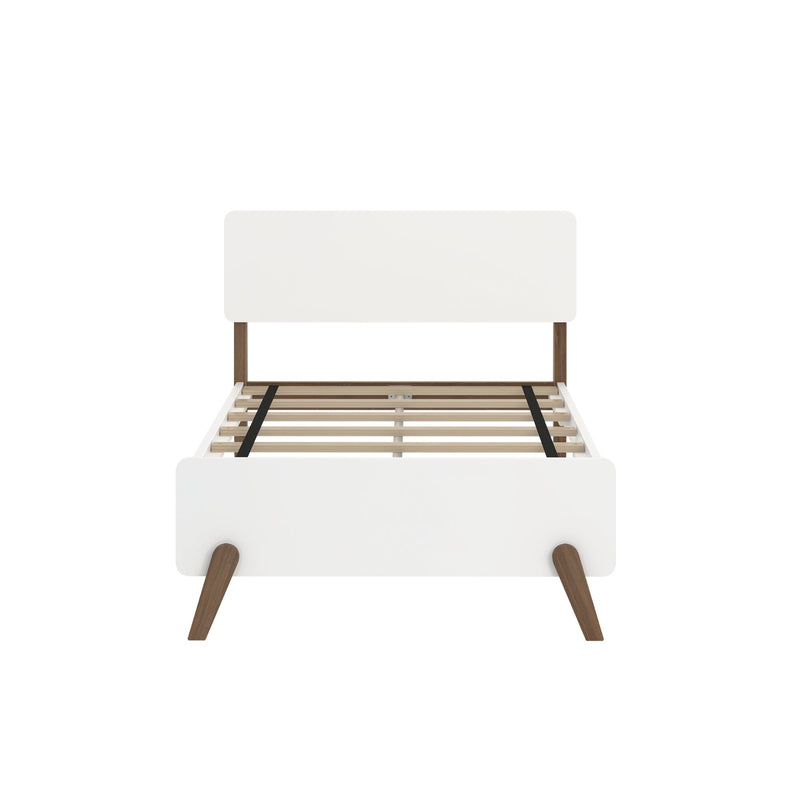 Max and Lily Mid-Century Modern Twin Bed in White/Walnut - front view of the frame showing the panel headboard, footboard, slat supports and angled wooden legs