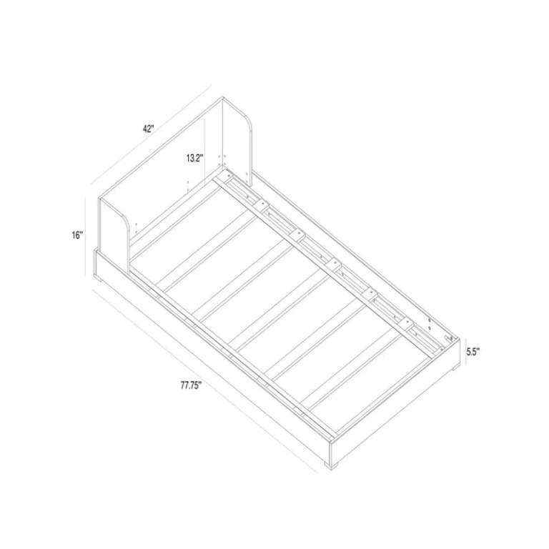 Max And Lily Mid Century Modern Twin Floor Bed White Blonde Dimensions Diagram Max and Lily Mid-Century Modern Twin Floor Bed in White/Blonde - dimensions diagram showing 77.75-inch length, 42-inch width, 16-inch headboard height, and 5.5-inch platform height