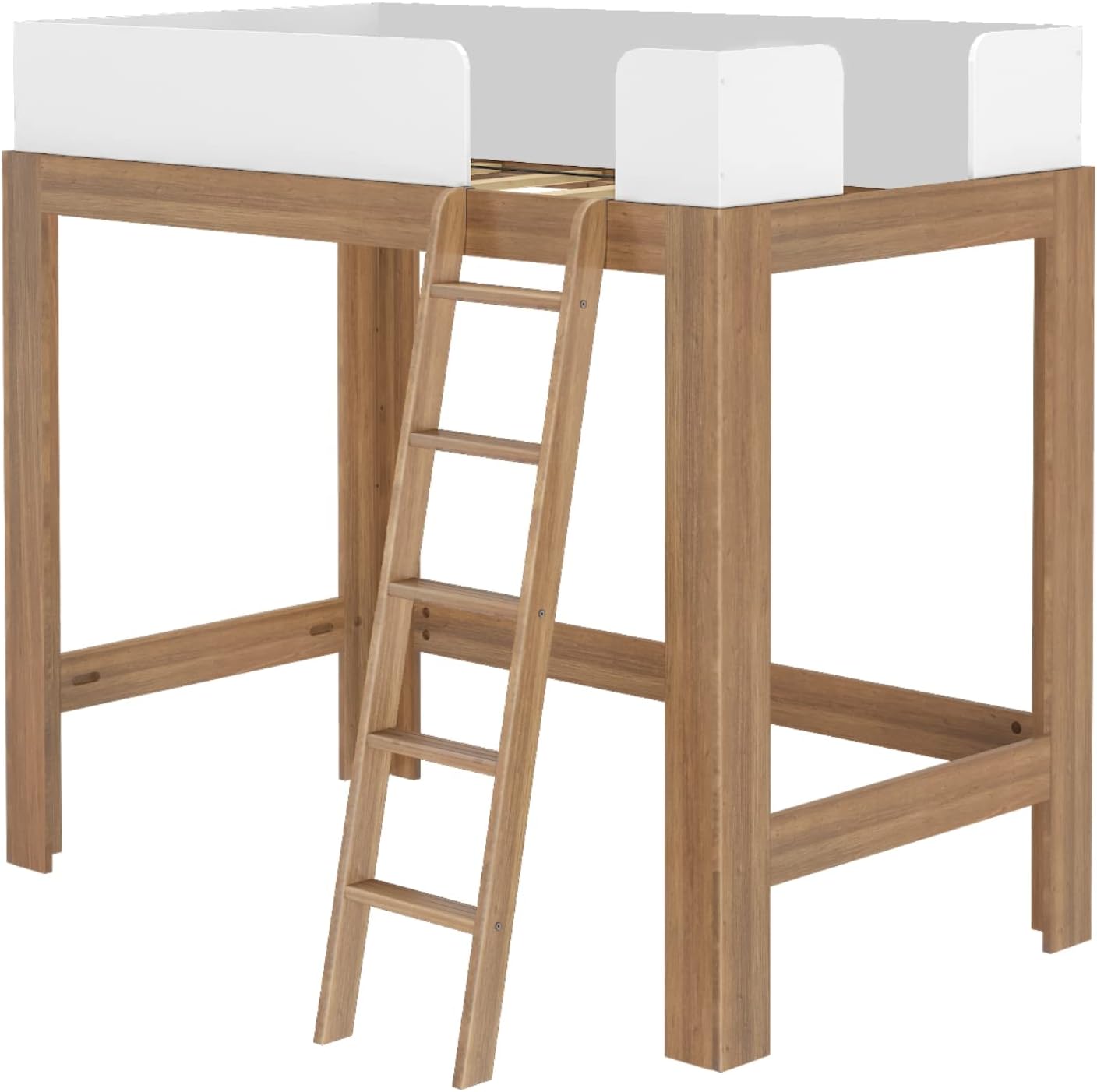 Max and Lily Mid-Century Modern Twin High Loft Bed - angled studio view showing the wood frame, angled ladder and white safety guardrails
