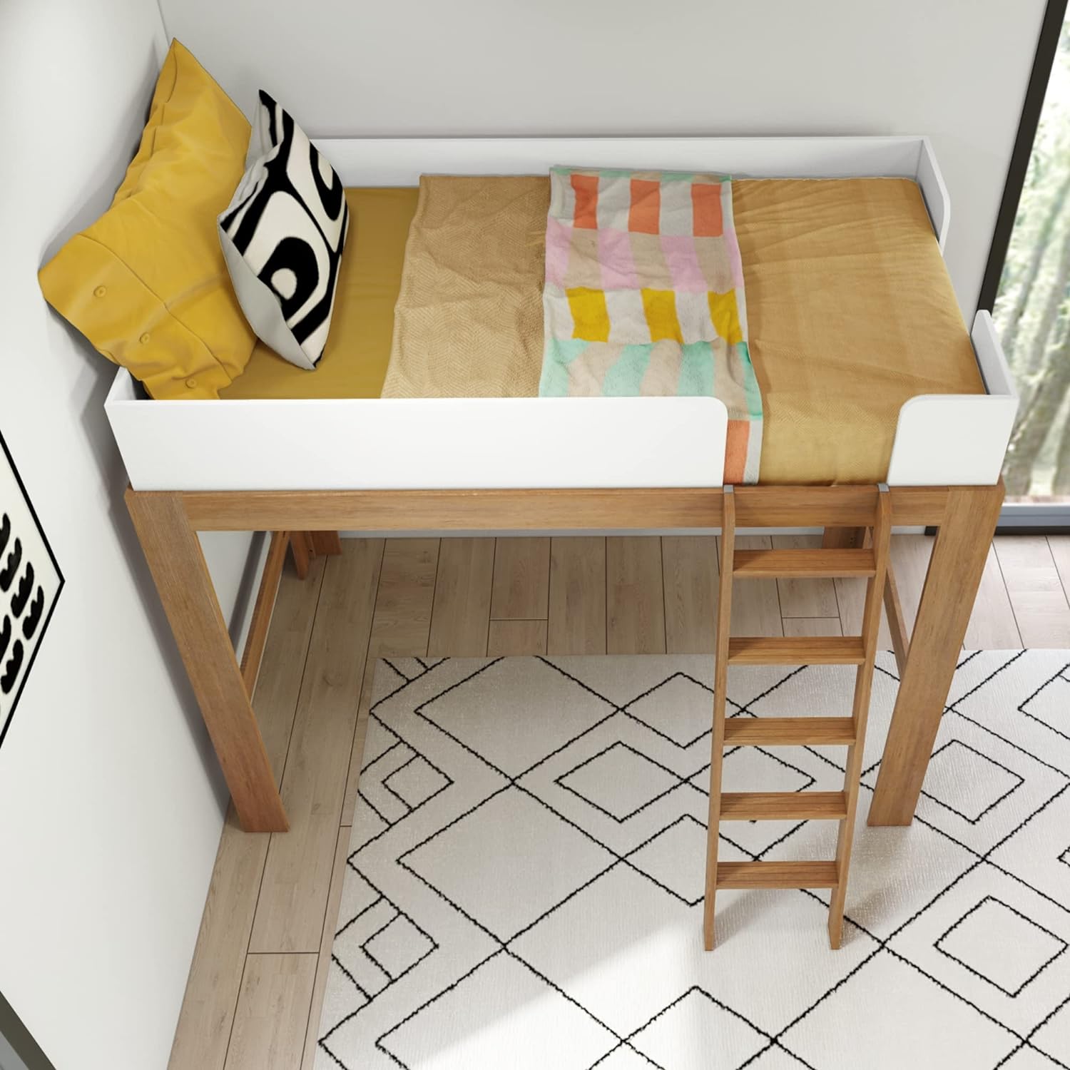 Max and Lily Mid-Century Modern Twin High Loft Bed - overhead view of the mattress deck with pillows, a blanket and white guardrails