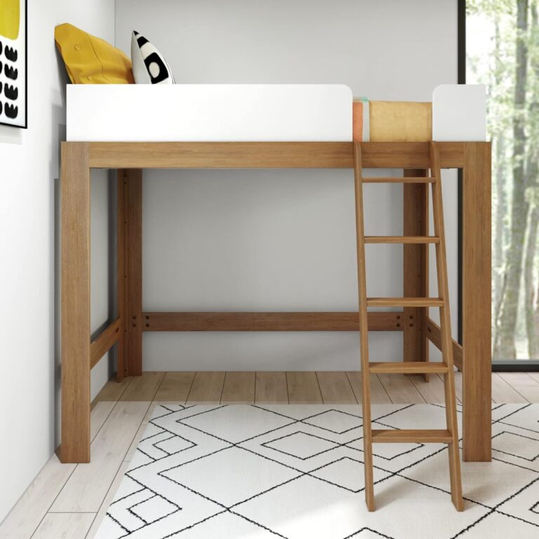 Max And Lily Mid Century Modern Twin High Loft Bed Room Scene 2 Max and Lily Mid-Century Modern Twin High Loft Bed - front view in a styled bedroom with pillows on top, a ladder and open space underneath