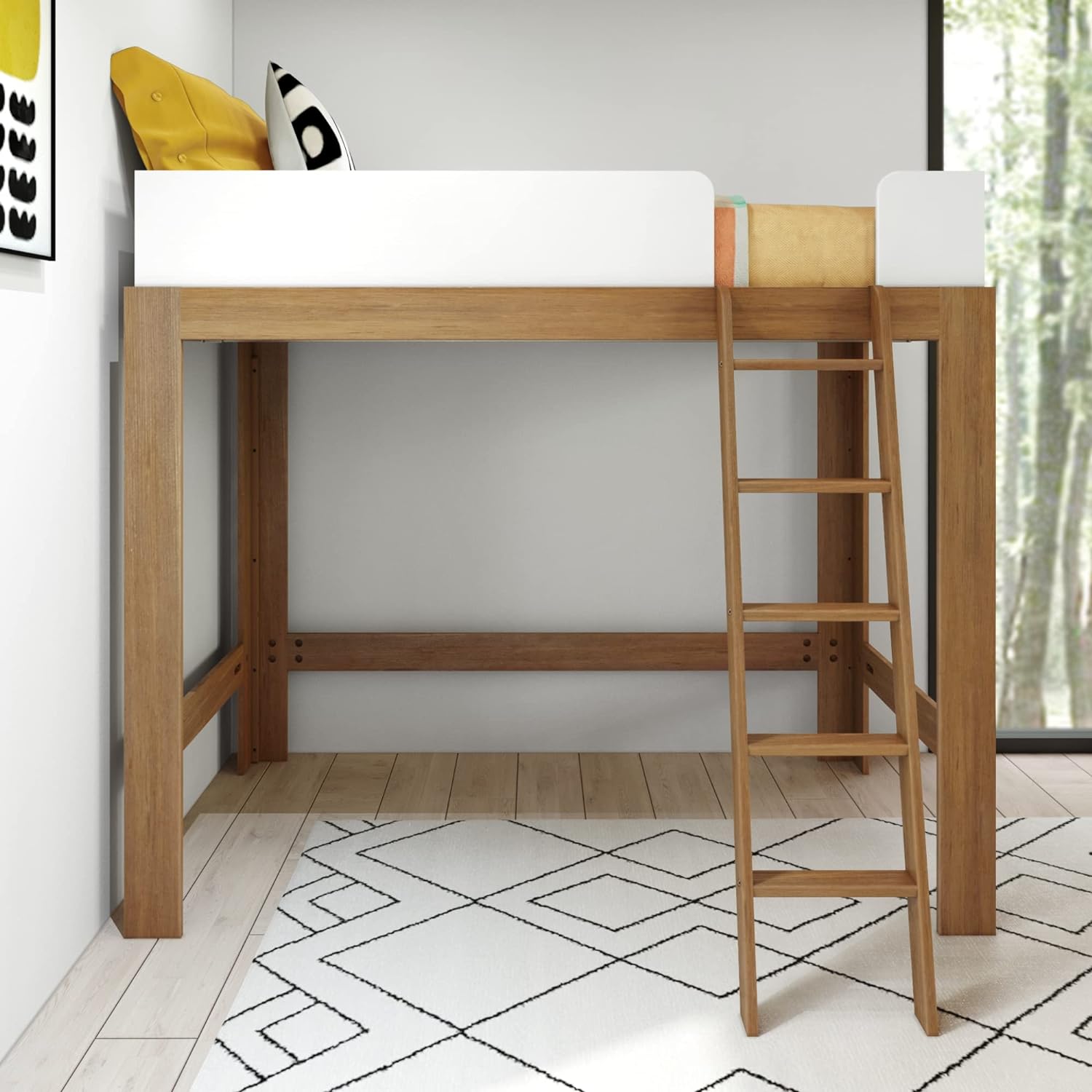Max and Lily Mid-Century Modern Twin High Loft Bed - front view in a styled bedroom with pillows on top, a ladder and open space underneath