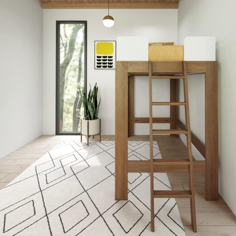 Max And Lily Mid Century Modern Twin High Loft Bed Room Scene 4 Max and Lily Mid-Century Modern Twin High Loft Bed - full bedroom scene with the loft bed, ladder, patterned rug, plant and window