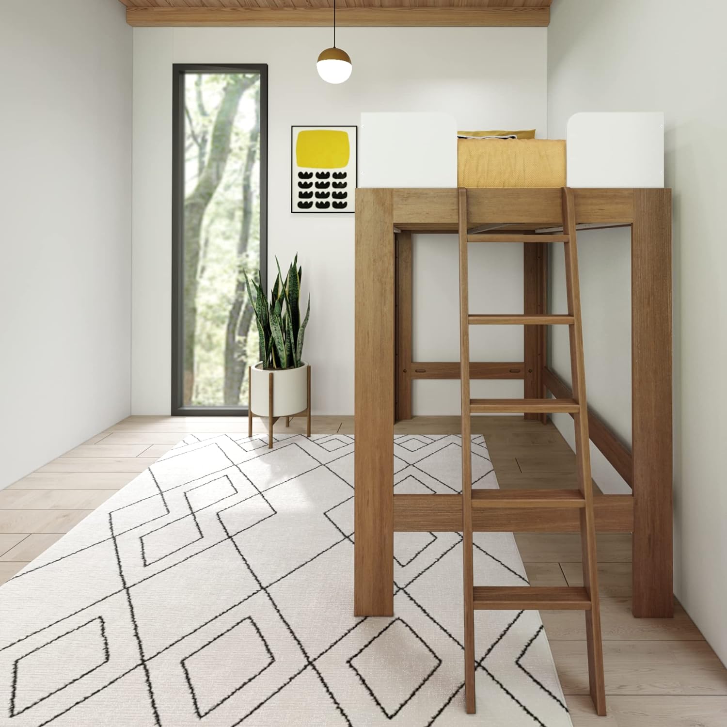 Max and Lily Mid-Century Modern Twin High Loft Bed - full bedroom scene with the loft bed, ladder, patterned rug, plant and window