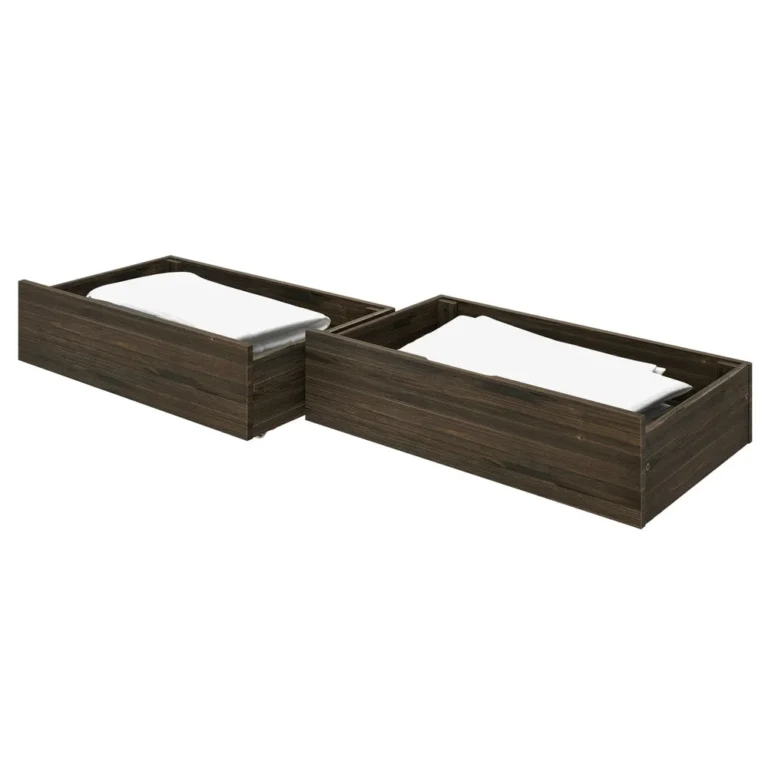 Max And Lily Modern Farmhouse 2 Under Bed Storage Drawers Angle View 1 Max and Lily Modern Farmhouse 2 Under bed Storage Drawers - two wooden storage drawers filled with white bedding shown at an angle