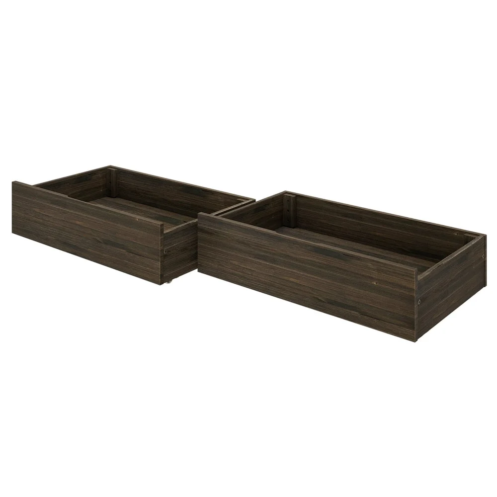 Max and Lily Modern Farmhouse 2 Under bed Storage Drawers - two empty wooden storage drawers shown at an angle