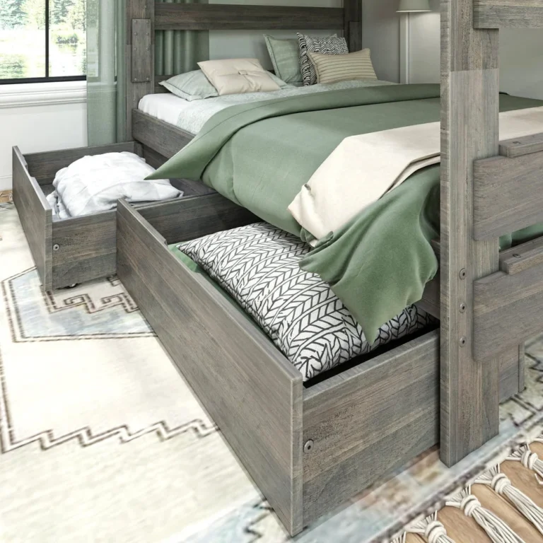 Max And Lily Modern Farmhouse 2 Under Bed Storage Drawers Room Scene 2 57184 Max and Lily Modern Farmhouse 2 Under bed Storage Drawers - drawers rolled out from beneath a styled bunk bed in a bedroom with green bedding