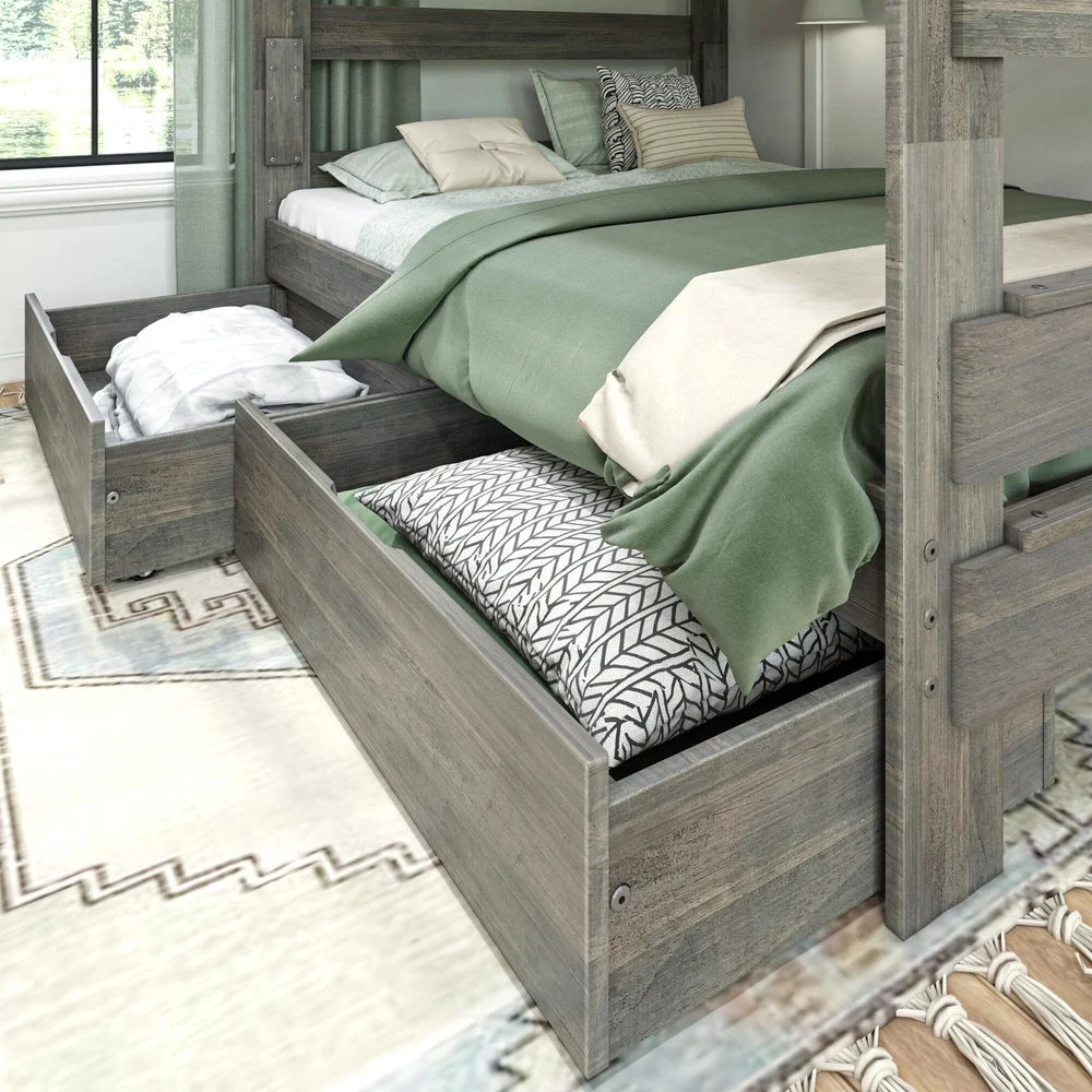 Max and Lily Modern Farmhouse 2 Under bed Storage Drawers - drawers rolled out from beneath a styled bunk bed in a bedroom with green bedding