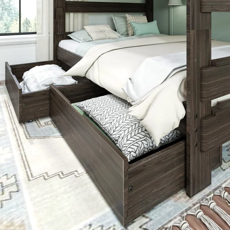 Max And Lily Modern Farmhouse 2 Under Bed Storage Drawers Room Scene 2 Max and Lily Modern Farmhouse 2 Under bed Storage Drawers - drawers on casters pulled out from under a bunk bed and filled with blankets in a styled bedroom