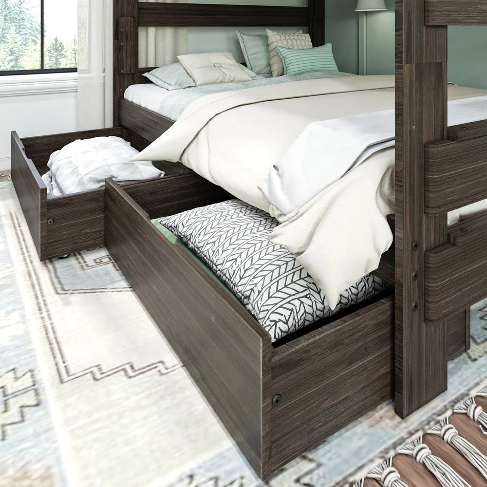 Max and Lily Modern Farmhouse 2 Under bed Storage Drawers - drawers on casters pulled out from under a bunk bed and filled with blankets in a styled bedroom