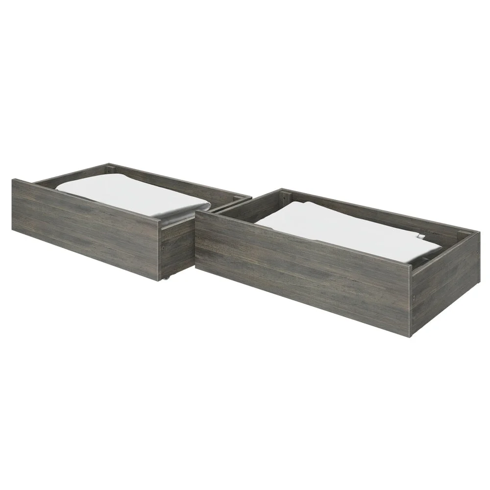 Max and Lily Modern Farmhouse 2 Under bed Storage Drawers - two wooden storage drawers shown at an angle with bedding stored inside