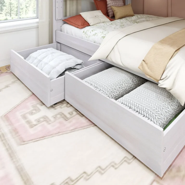 Max And Lily Modern Farmhouse 2 Under Bed Storage Drawers Storage Drawers Open 2 Max and Lily Modern Farmhouse 2 Under bed Storage Drawers - both drawers pulled open beneath a bed, filled with pillows and blankets in a child's bedroom
