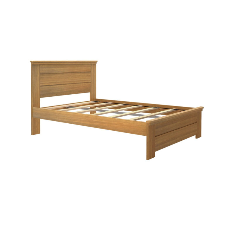 Max And Lily Modern Farmhouse Full Panel Bed Angle View Max and Lily Modern Farmhouse Full Panel Bed - angled view of the bare frame showing the panel headboard, footboard, and wooden slat support system.