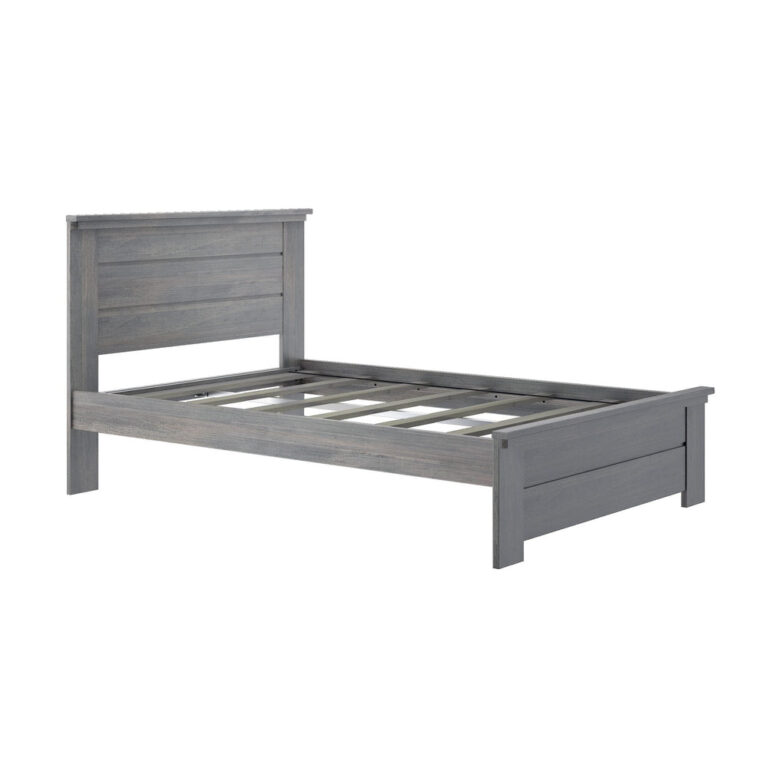 Max And Lily Modern Farmhouse Full Panel Bed Driftwood Angle View Max and Lily Modern Farmhouse Full Panel Bed in Driftwood - front angle view of the bare bed frame showing the plank headboard, footboard and exposed support slats without a mattress.