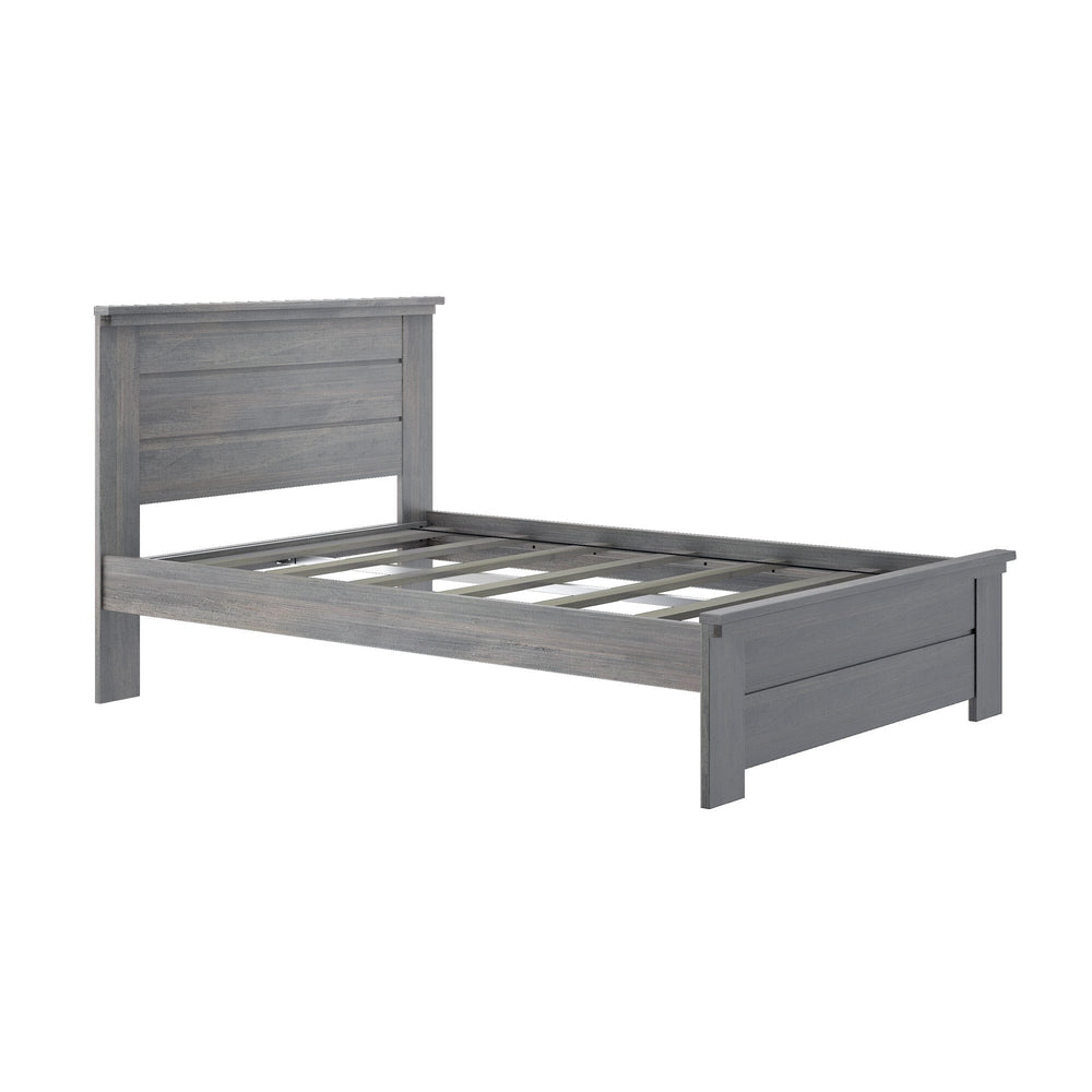 Max and Lily Modern Farmhouse Full Panel Bed in Driftwood - front angle view of the bare bed frame showing the plank headboard, footboard and exposed support slats without a mattress.