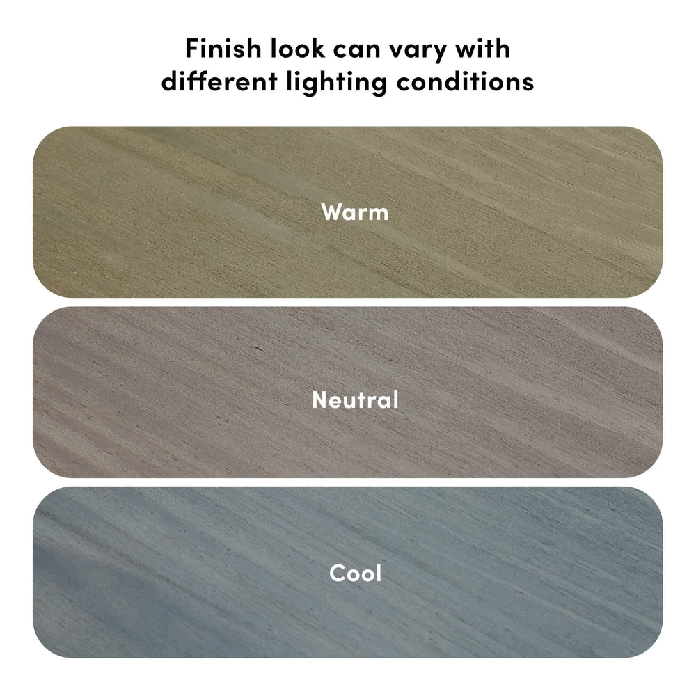 Max and Lily Modern Farmhouse Full Panel Bed in Driftwood - finish comparison chart showing how the driftwood wood tone looks warm, neutral and cool under different lighting conditions.
