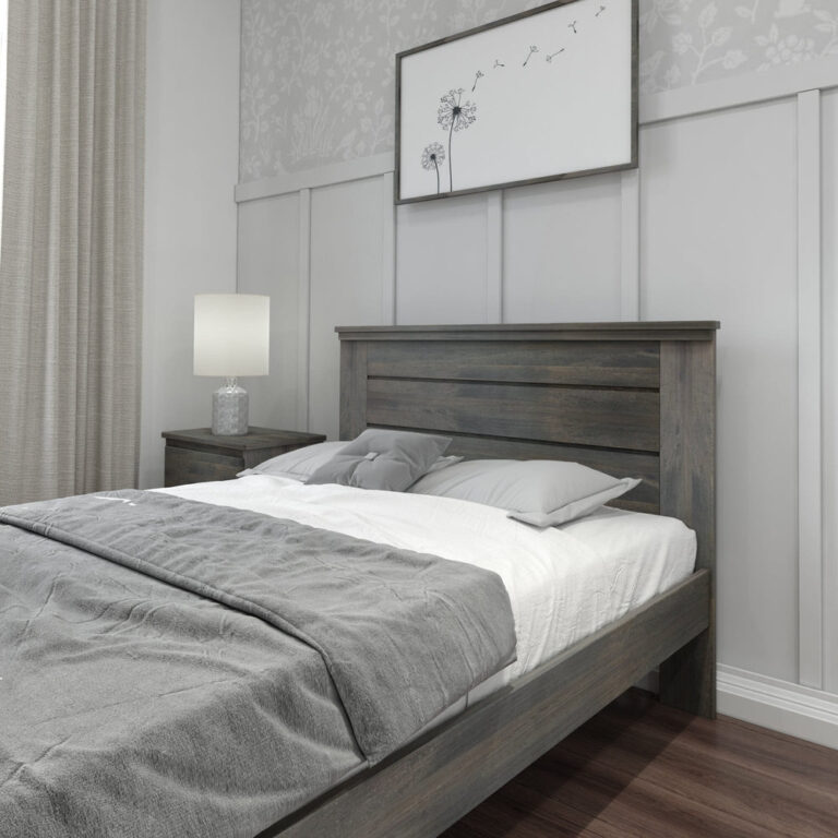 Max And Lily Modern Farmhouse Full Panel Bed Driftwood Headboard Detail Max and Lily Modern Farmhouse Full Panel Bed in Driftwood - close-up of the plank headboard above grey bedding with a bedside lamp and framed art.