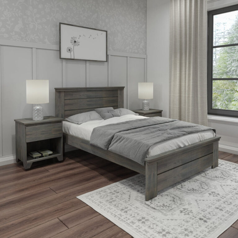 Max And Lily Modern Farmhouse Full Panel Bed Driftwood Room Scene 1 Max and Lily Modern Farmhouse Full Panel Bed in Driftwood - styled bedroom with the panel bed dressed in grey bedding, flanked by two matching nightstands with lamps and framed dandelion wall art.
