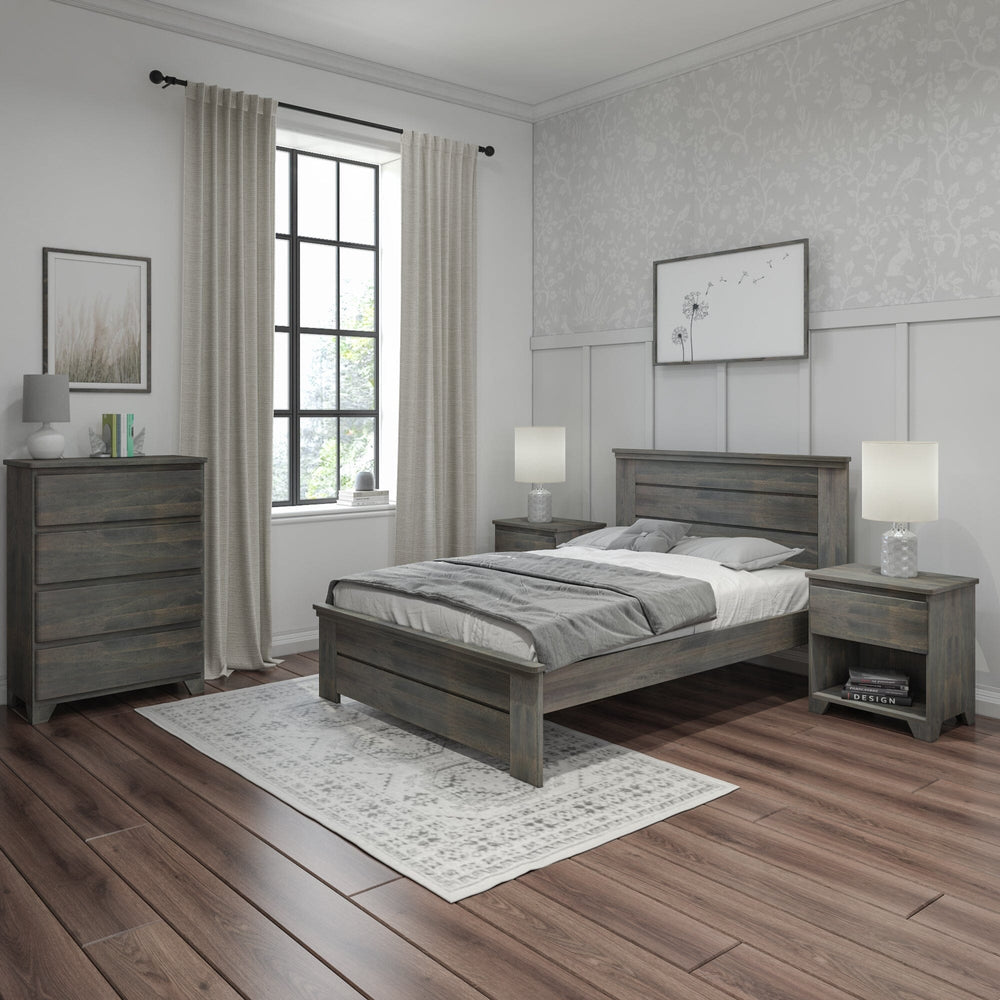 Max and Lily Modern Farmhouse Full Panel Bed in Driftwood - full bedroom scene with the bed, a matching four-drawer dresser, two nightstands and a curtained window.