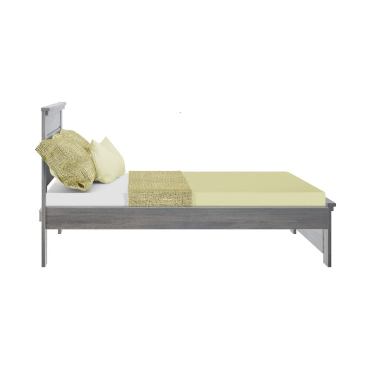 Max And Lily Modern Farmhouse Full Panel Bed Driftwood Side View Max and Lily Modern Farmhouse Full Panel Bed in Driftwood - side profile of the bed with pillows and a throw over a mattress on the low platform frame.